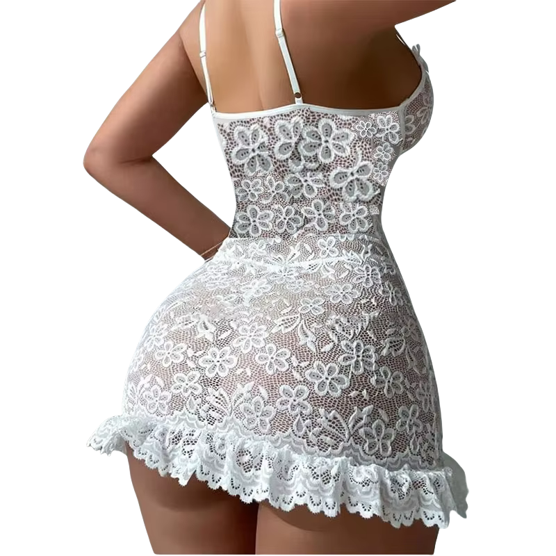 Mini robe sans manches pour femmes, dos nu, pyjama Porno, dentelle florale, vêtements de nuit érotiq