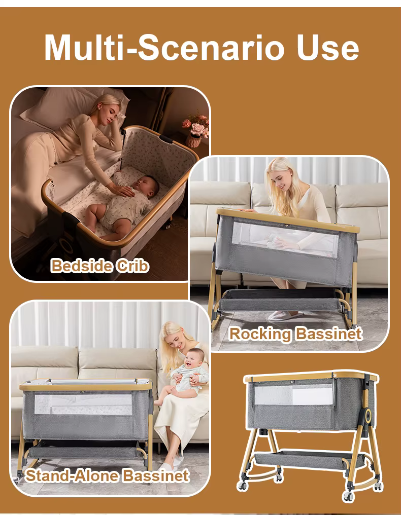 Lit bébé 3 en 1 Lit bébé portable Pliable Réglable en hauteur Roues rotatives Berceau à bascule avec