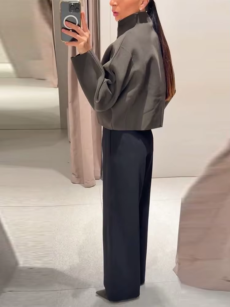 Veste courte Vintage à col montant pour femme, manteau ample et chaud avec fermeture éclair, manches