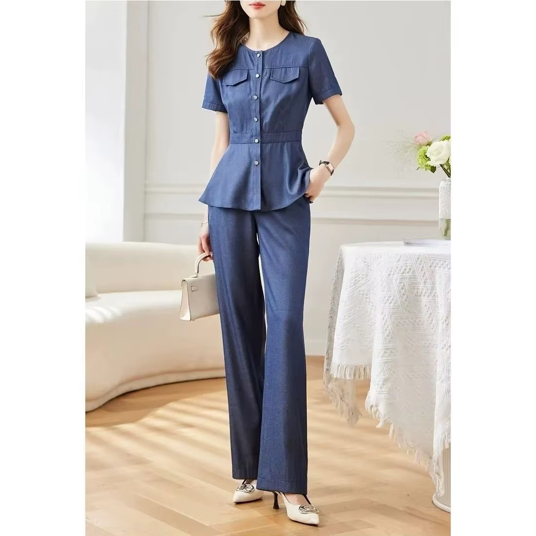 Ensemble en Jean à Manches Courtes pour Femme, Chemise en Denim et Pantalon Droit, Cardigan à la Mod