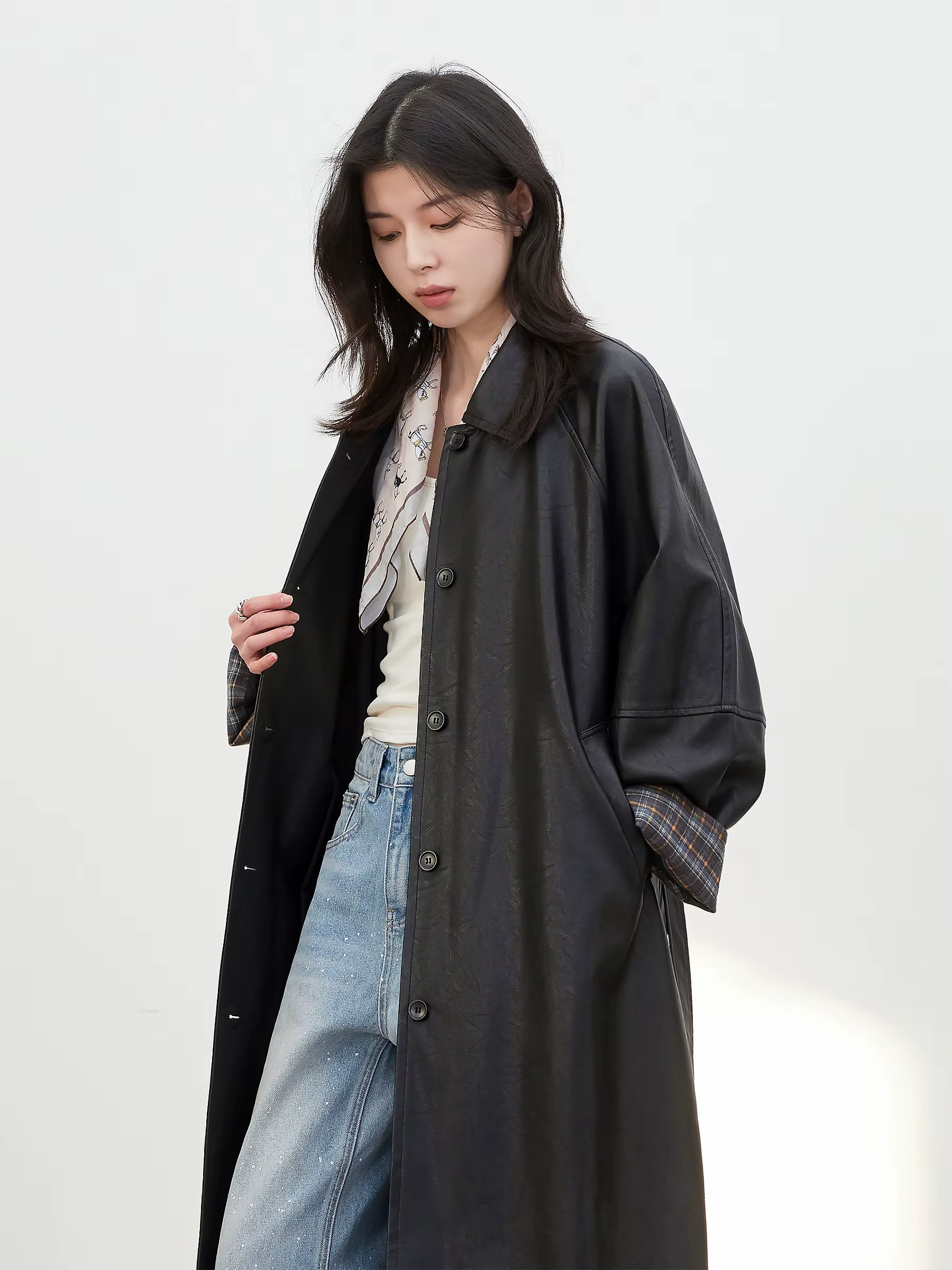 Manteau long en PU pour femme CHIC VEN, nouveau modèle décontracté avec ceinture, en similicuir, cou