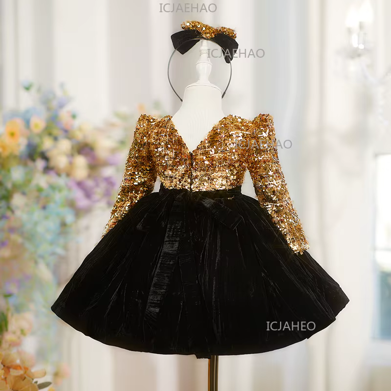 Robe de princesse bouffante super féerique à sequins dorés pour bébé fille de 1 an, style français, 