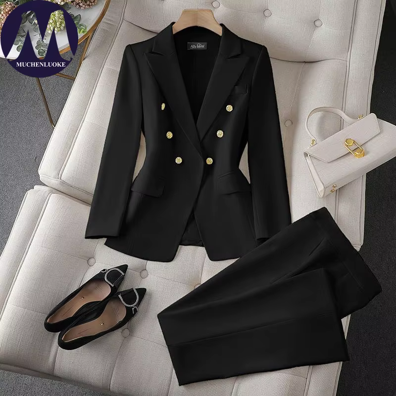 Ensemble deux pièces pour femmes, mode coréenne, blazer à manches longues et pantalon large, tenue d