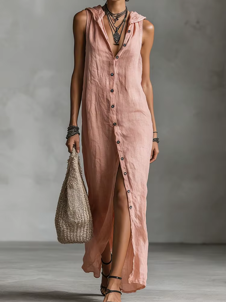 Robe de soirée vintage sans manches à boutons pour femme, collection Printemps-Été 2026, robe longue