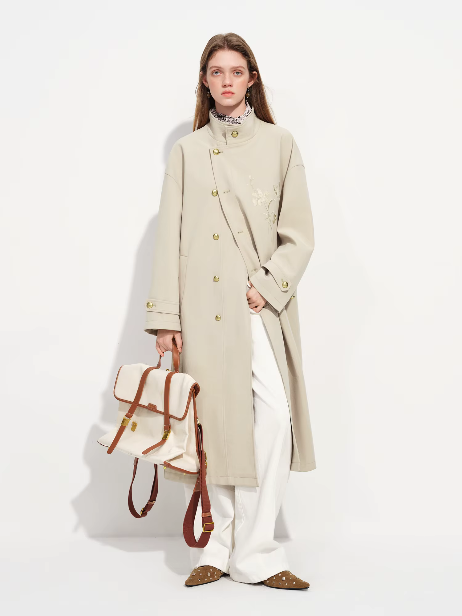 Manteau long kaki FSLE brodé de style chinois à col montant classique pour femme, collection Printem