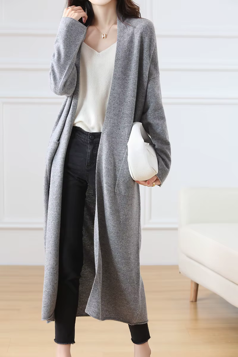 Cardigan en laine à col en V pour femme, pull 100% laine, monochromatique, mode féminine, long, tric