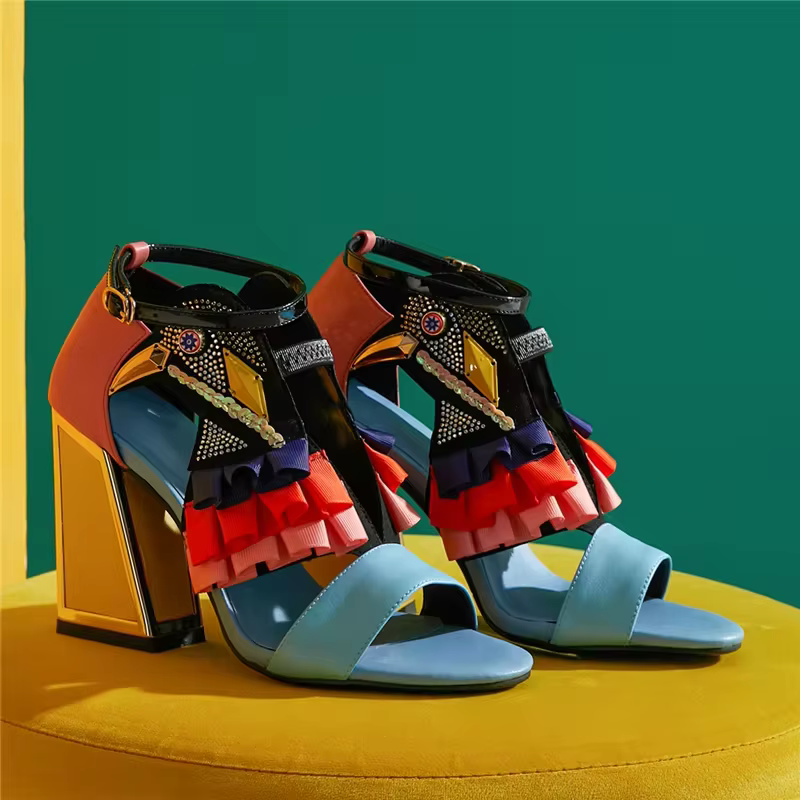 Sandales à Talons Épais et Strass pour Femme, Chaussures d'Été Assorties avec Ceinture, Nouvelle Col
