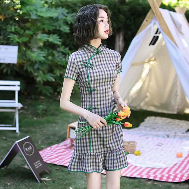 Qipao – robe à carreaux en coton pour femmes, motifs Vintage à rayures, tenue de soirée élégante, ét