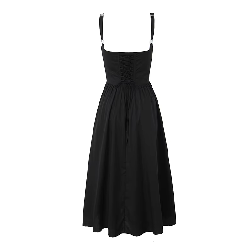 YENKYE-Robe trapèze mi-longue à lacets pour femme, robe en coton, robe fendue sur le devant, robe de