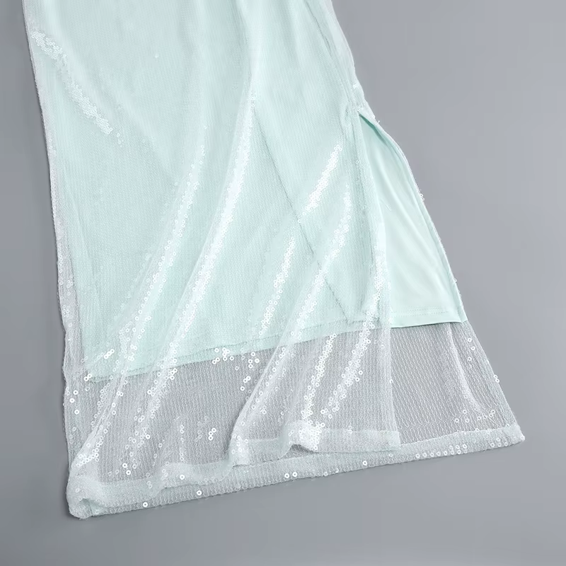 Robe de soirée sexy à sequins pour femmes, col en V, manches à clapet, jupe avec ourlet fendu, boîte