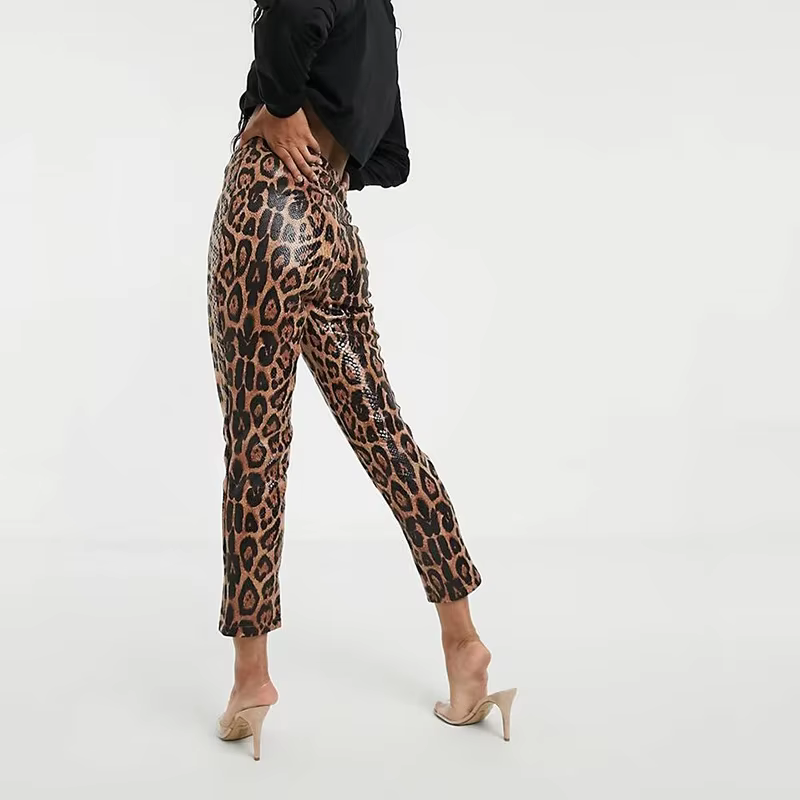 Leggings en similicuir PU imprimé léopard pour femmes, collants extensibles vintage, taille haute, s