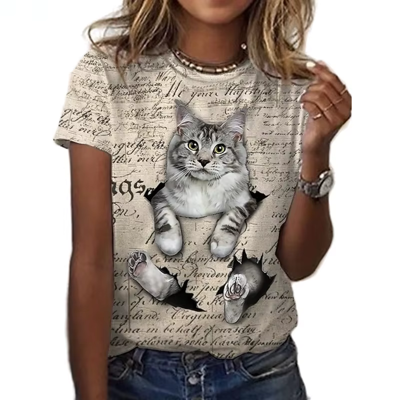 T-Shirt chat Kawaii imprimé en 3D pour femmes, t-shirts graphiques d'animaux amusants, décontracté, 