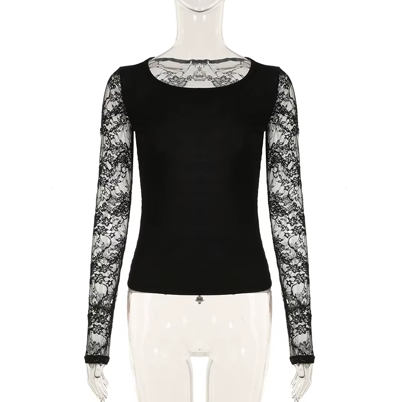 SUCHCUTE noir gothique T-shirt pour femmes Sexy Club dentelle Semi-transparent à manches longues cul