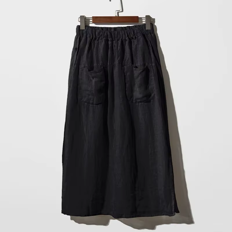 Pantalon d'été vintage pour femme 100% lin, coupe large, style jupe, avec poches, taille haute élast