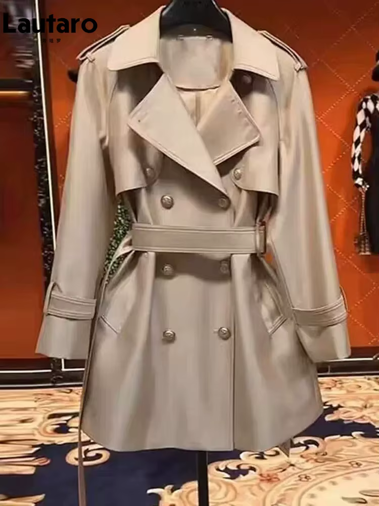 Lautaro-Manteau en satin pour femme, double boutonnage, ceinture, élégant, haute qualité, vêtements 