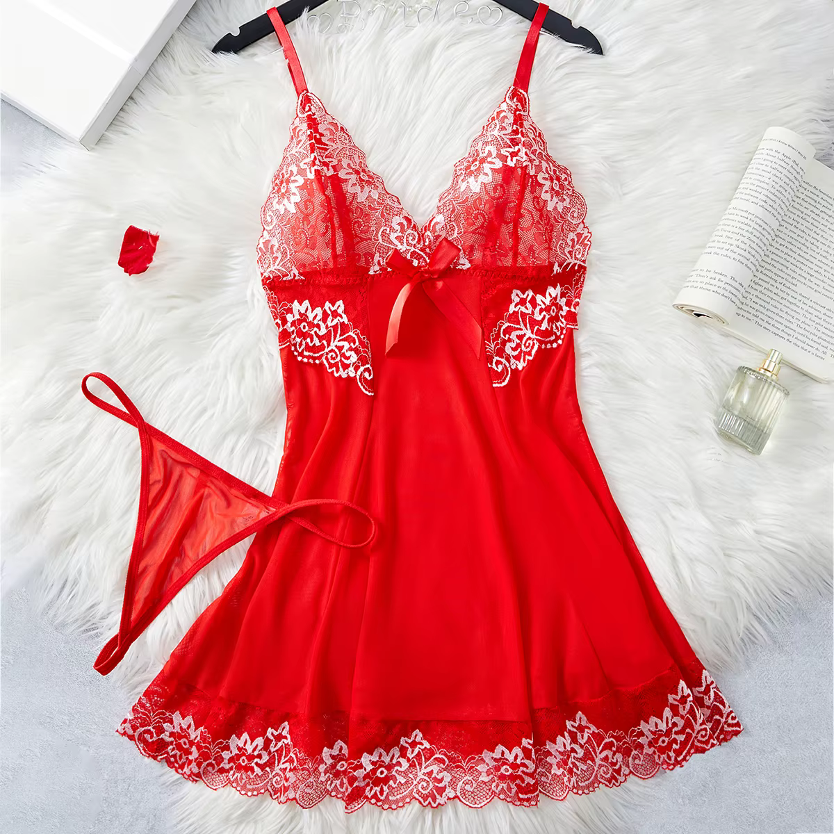 Ensemble de lingerie en dentelle à contraste rouge, robe de nuit et string, pyjama, lingerie pour fe