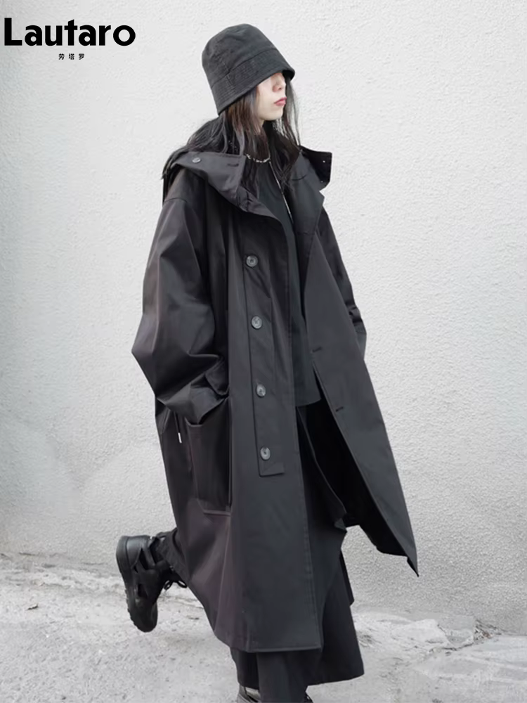 Lautaro-Manteau Long Respirant Noir avec Capuche pour Femme, Vêtements de Créateur de Luxe, Dark Aca