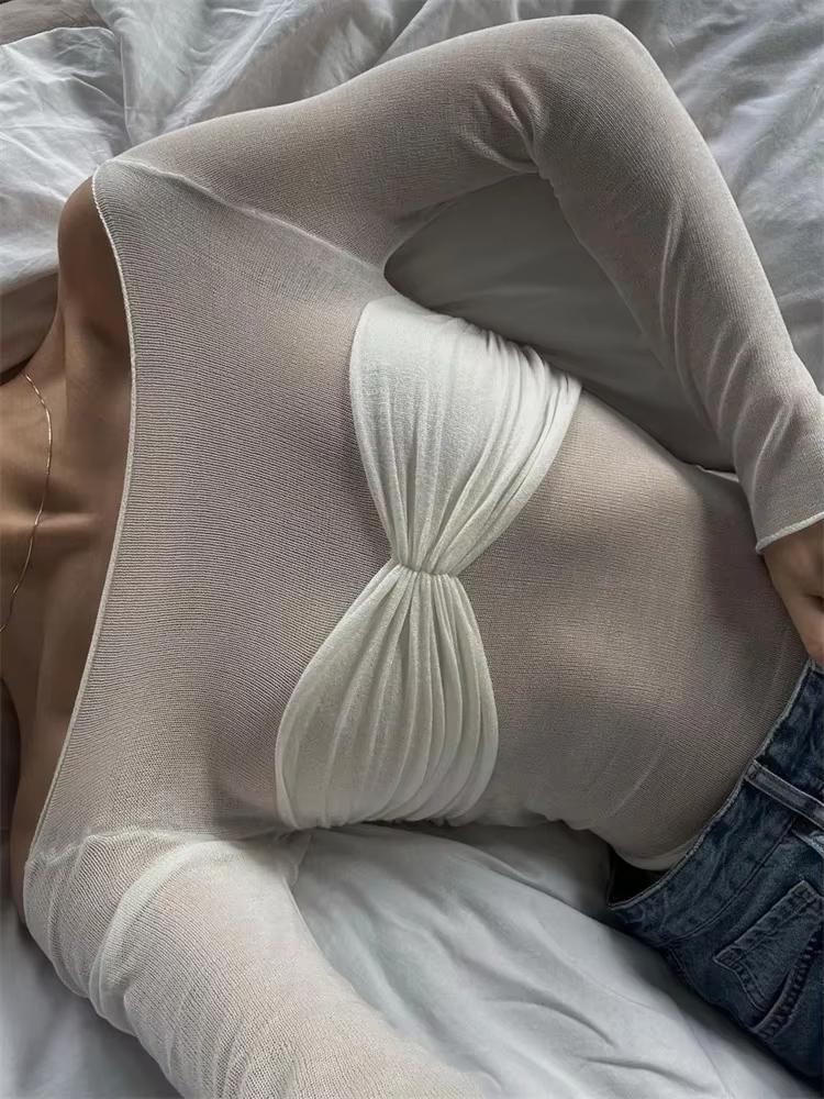 Tossy-Haut en maille transparente à manches longues pour femme, pull en tricot de dentelle, t-shirt 
