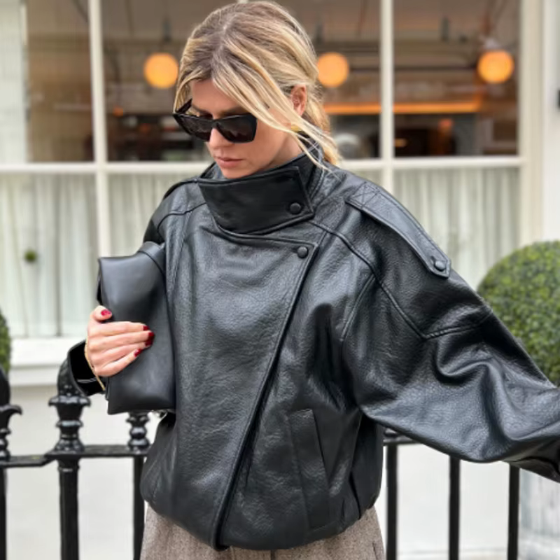 HXAO nouveauté femmes Bomber veste en cuir noir vestes recadrée surdimensionné vêtements d'extérieur