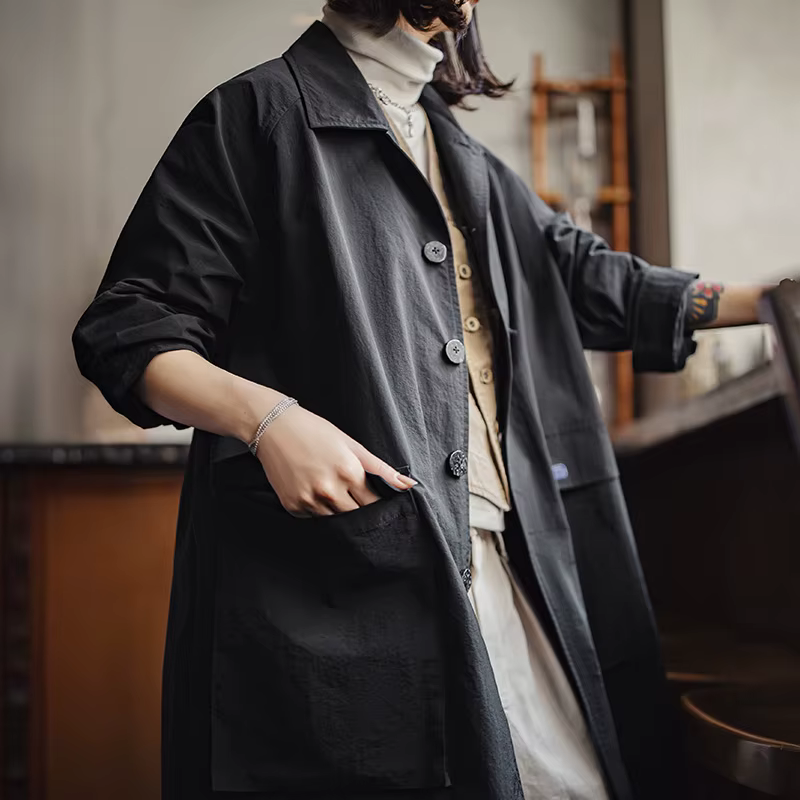 Maden – manteau Balmacaan noir pour femme, col simple boutonnage, mi-long, coupe-vent, pour printemp