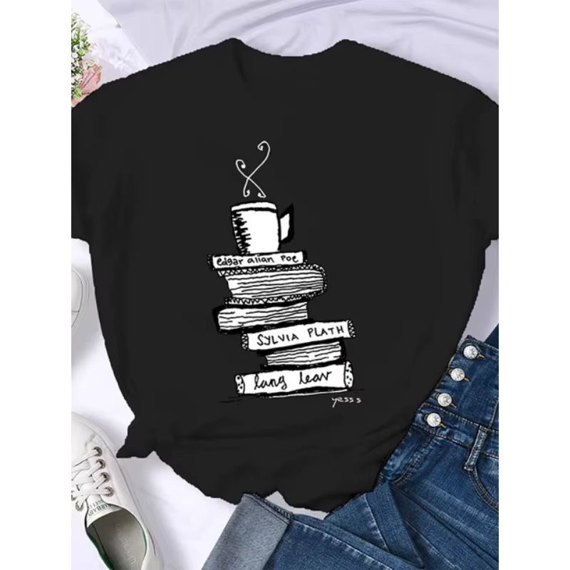 Café livres livres marron américain rétro T-shirt femme col rond demi manches T-shirt imprimé T-shir