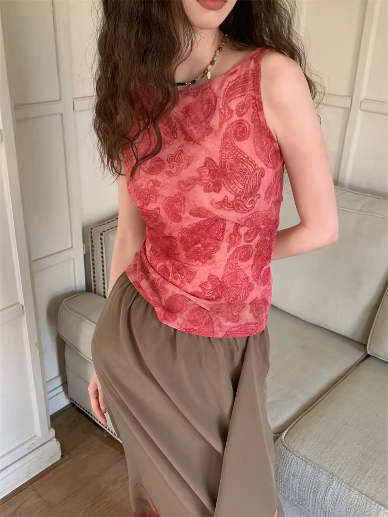 CHEERART Flocage Floral Dos Nu Rouge Débardeur Pour Femmes 2023 Vêtements d'été Haut de gamme Mode F