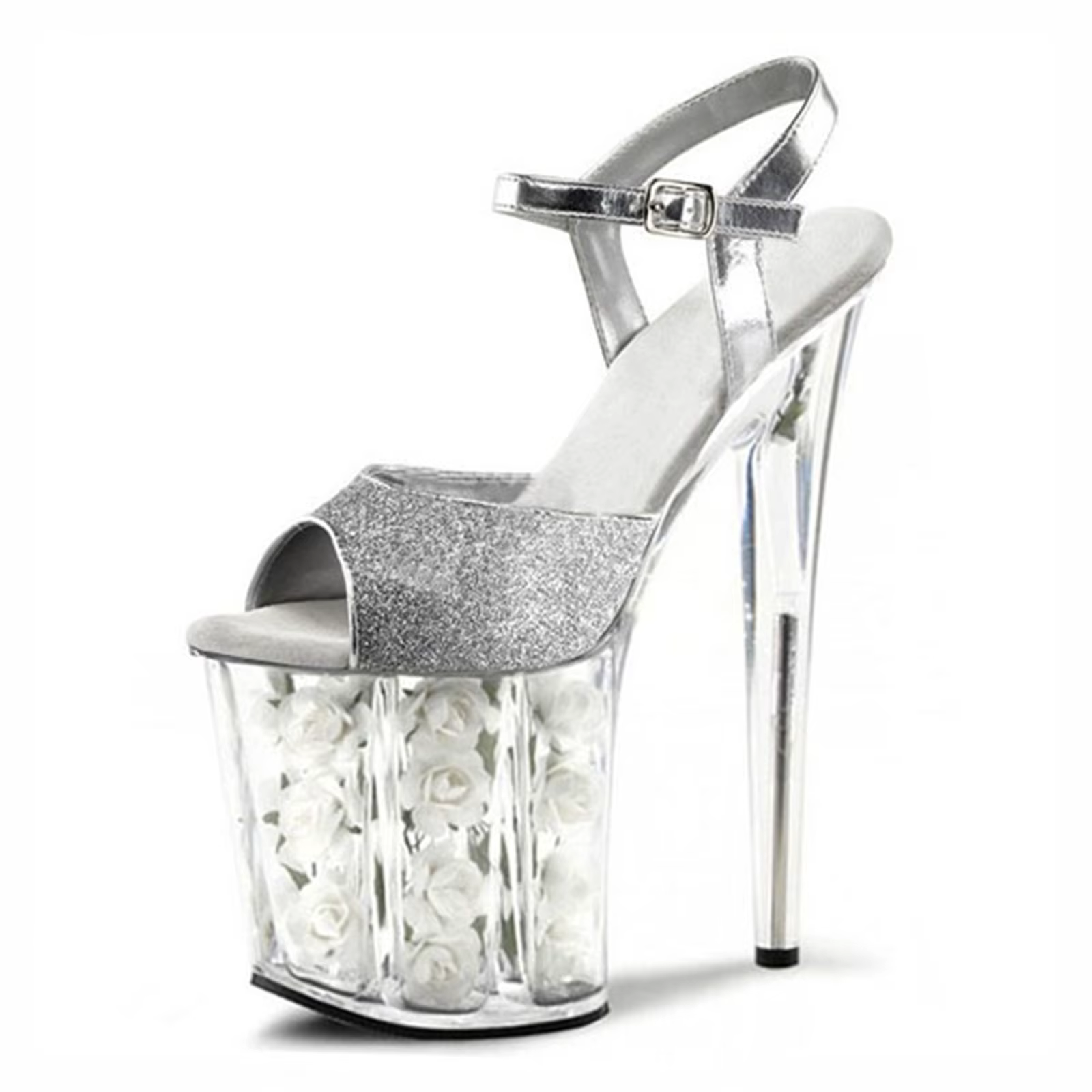 Chaussures de mariage à talons roses de 20CM, sandales à plateforme en cristal rouge avec fleurs fra