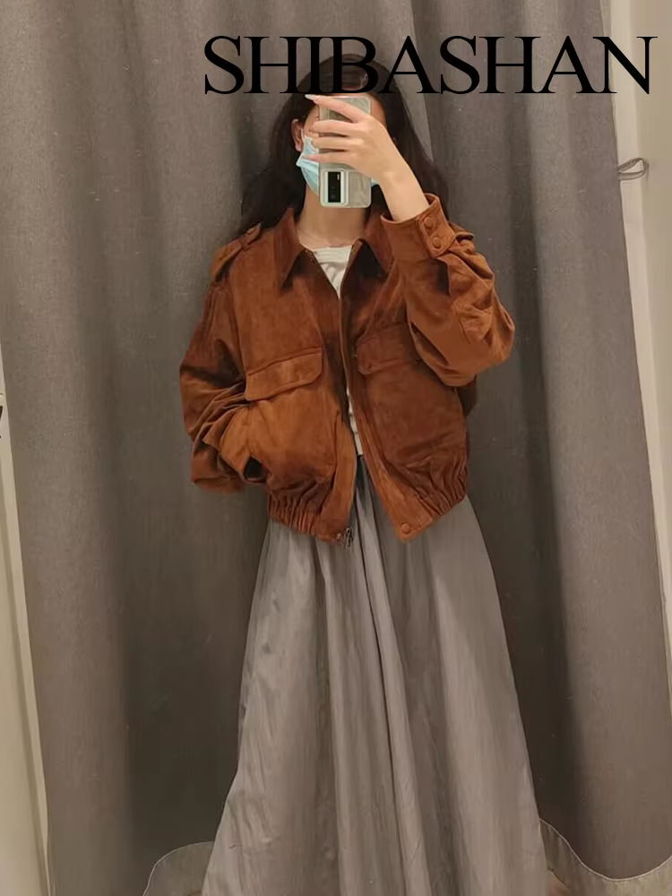 HH femmes 2025 automne mode polyvalent daim revers à manches longues manteau femme haute rue ample d