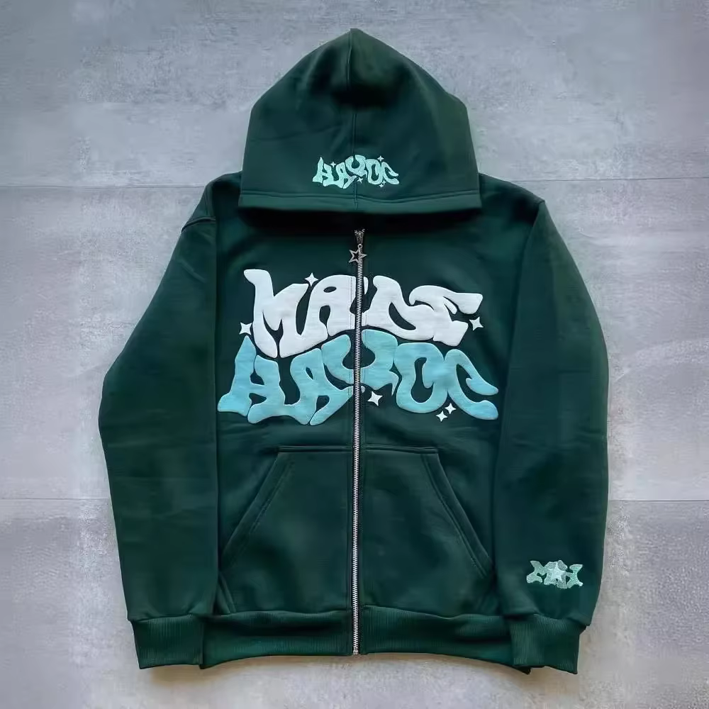 Sweat-shirt à capuche imprimé avec lettres américaines rétro pour homme, cardigan ouvert unisexe pou