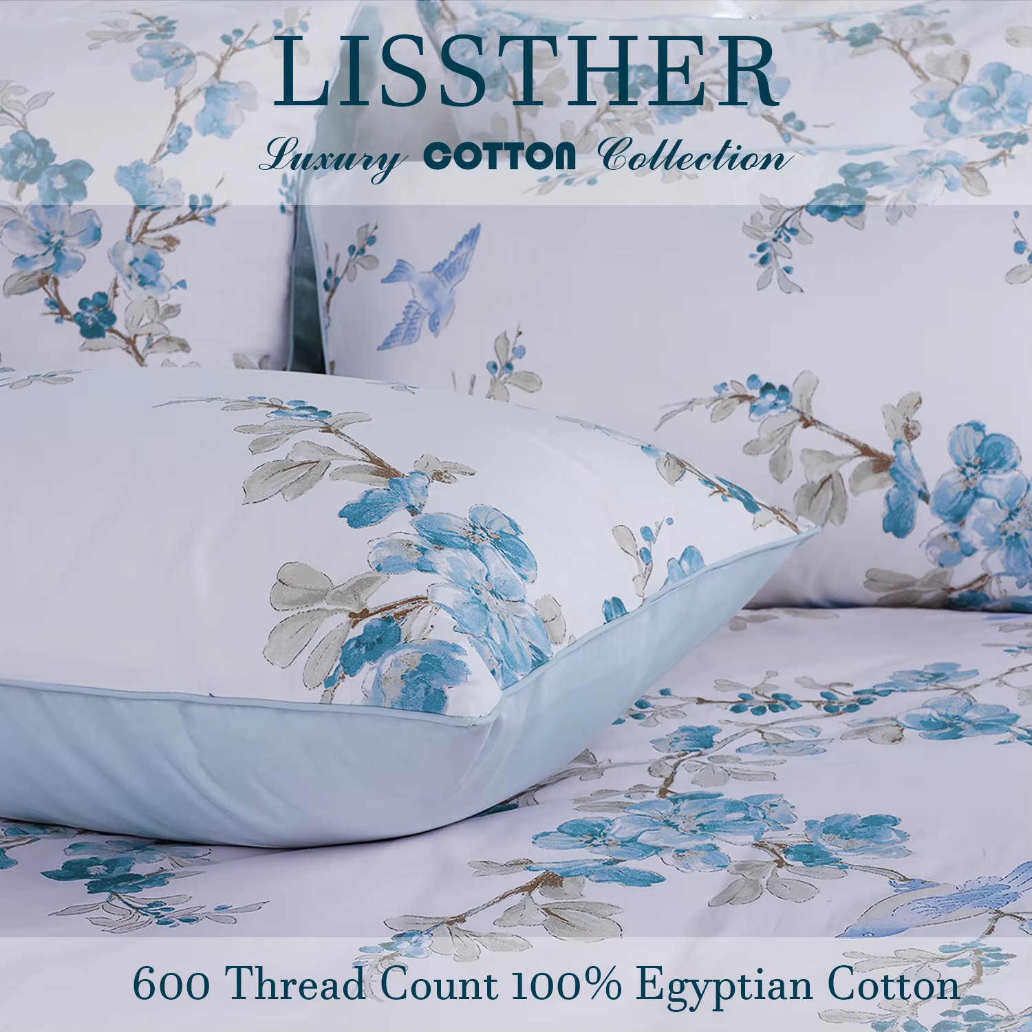 Ensemble de housse de couette 100% coton égyptien 600TC, 3 pièces, motif Floral aquarelle bleu, doux