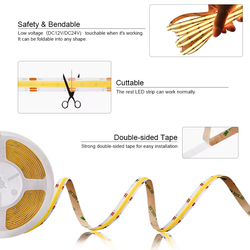 Bande lumineuse LED COB CCT à intensité variable, 2700K à 6500K, variable, haute densité, 608 LED/m,