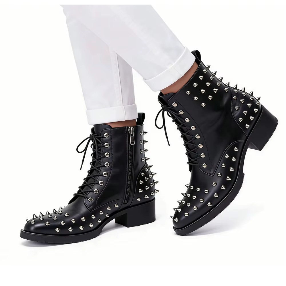 Bottes provoqué pointues en cuir véritable pour hommes, chaussures à rivets, cuir brillant, haute qu