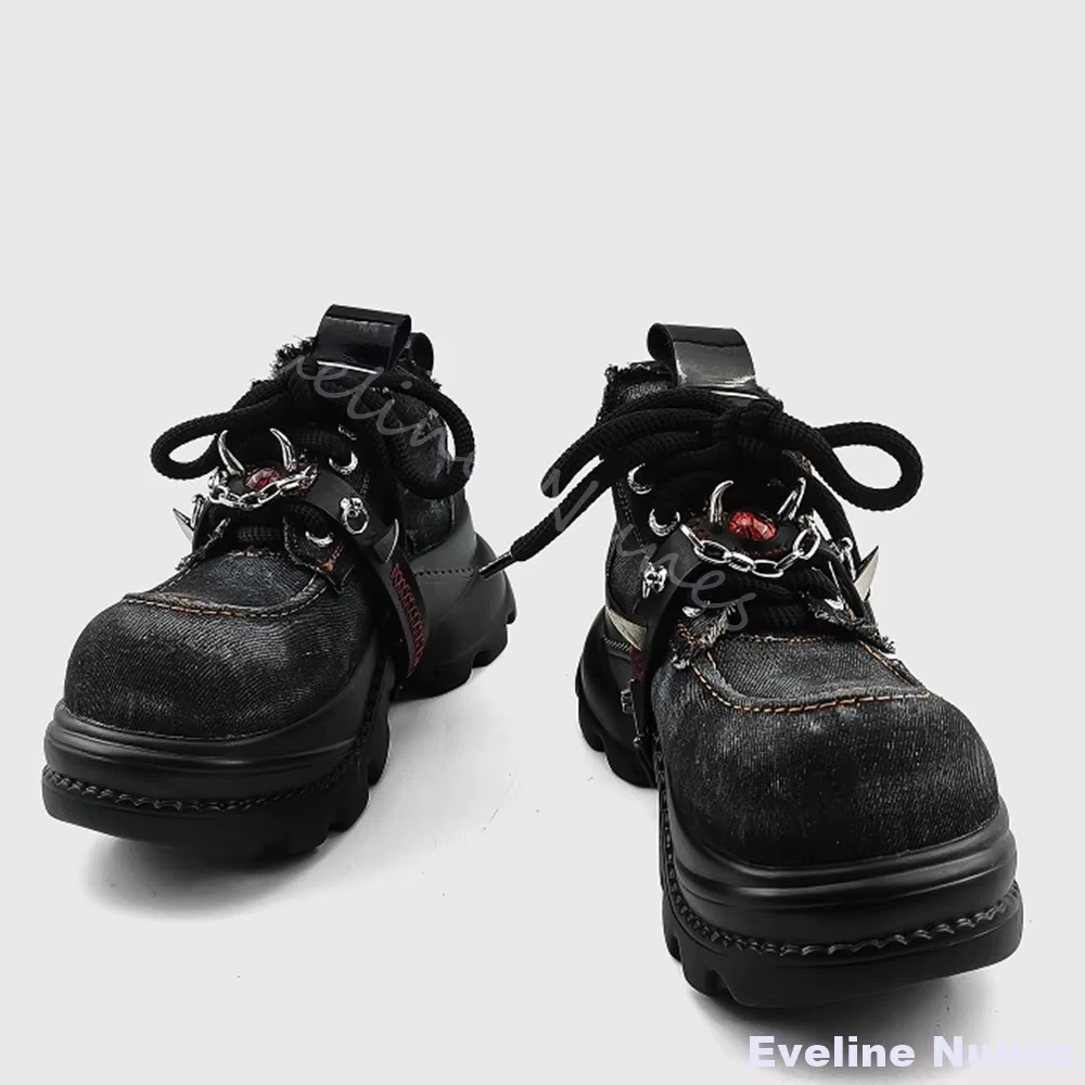 Evil Eye Punk Denim chaussures femmes décoration en métal bout rond plate-forme croix liée chaussure