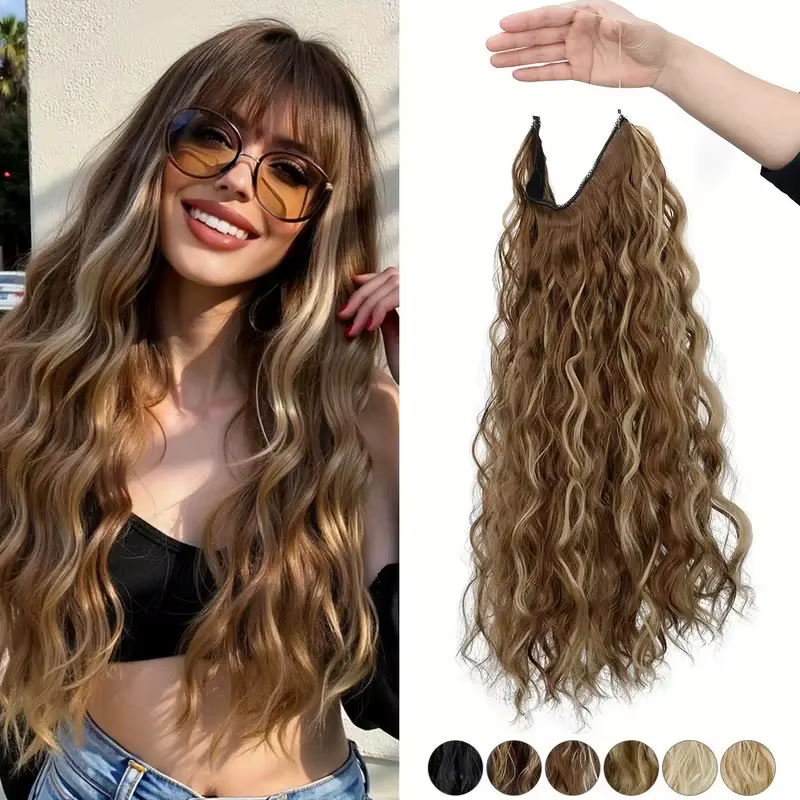 Extension capillaire synthétique de ligne de pêche de 18 pouces, postiche noire Blonde une pièce lon
