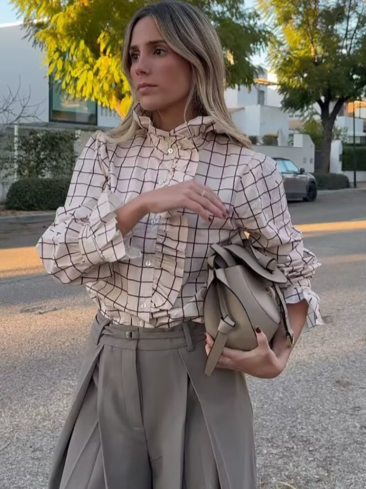 Doux femmes volants Plaid violet chemises 2025 mode dames décontracté col montant Blouses pour fête 