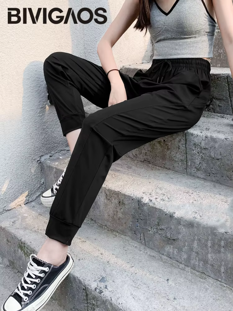BIVIIncome-Pantalon de survêtement noir décontracté Ice InjSports pour femme, pantalon de jogging, s