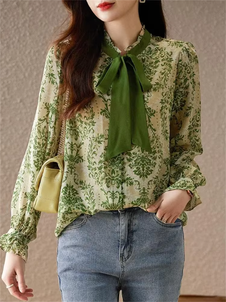 Chemise à volants avec nœud pour femme, manches lanterne, haut décontracté, col montant, ruban, chem
