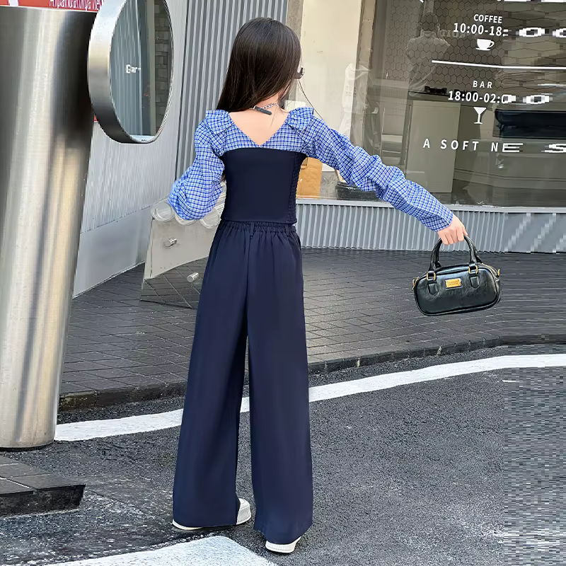 Ensemble de vêtements pour adolescentes au design français, haut à grille d'épissure à épaules dénud