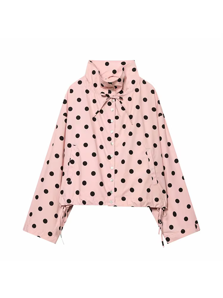Veste rose à pois à manches longues pour femme, manteau décontracté à col montant et simple boutonna