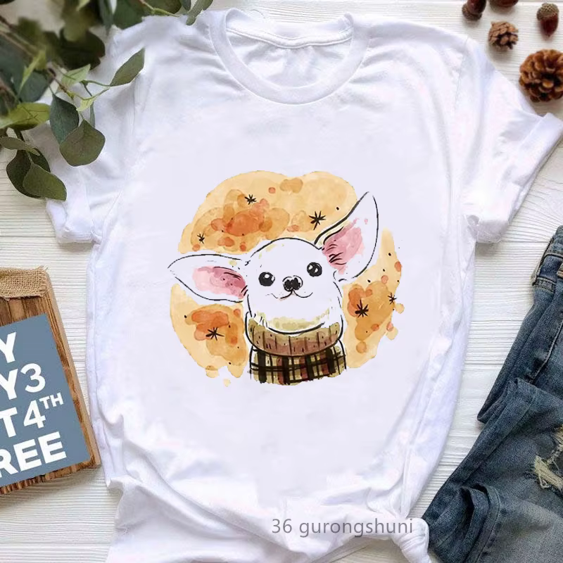 T-Shirt blanc pour Femme, avec un graphique imprimé, Chihuahua, Harajuku, Kawaii