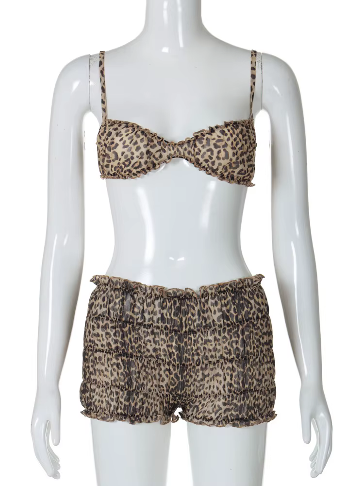 Ensemble sexy 2 pièces à volants imprimé léopard pour femme, soutien-gorge camis, culotte taille bas