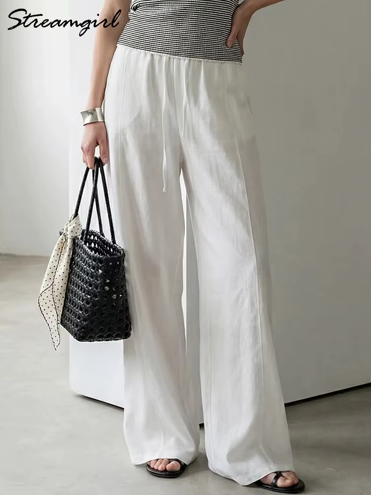 Pantalon d'été en coton pour femmes, coupe large, bleu, avec bande élastique, jambe droite, blanc, a