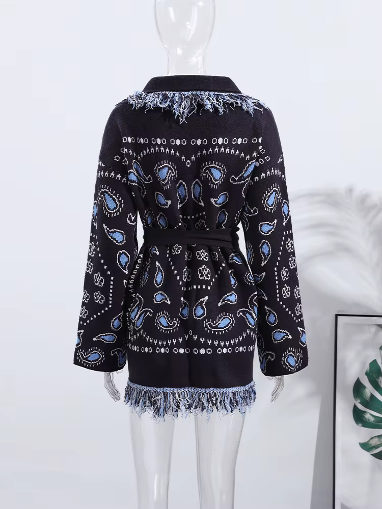 Cardigan imprimé Vintage avec pompons pour femme, col en v, manches longues, pull épissé, assorti av
