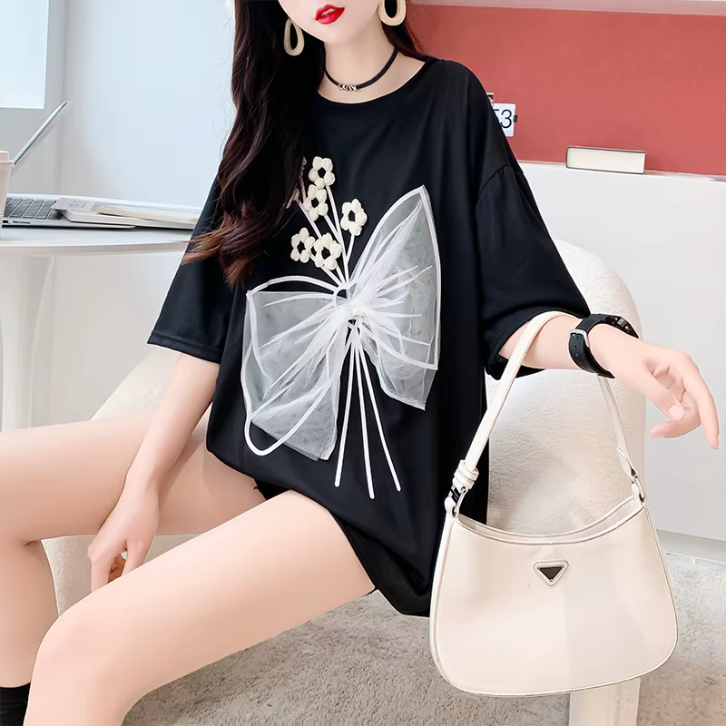 T-shirt imprimé floral 3D Mesh Bow pour femmes, col rond, demi-manche, coréen, basique, doux, nouvea