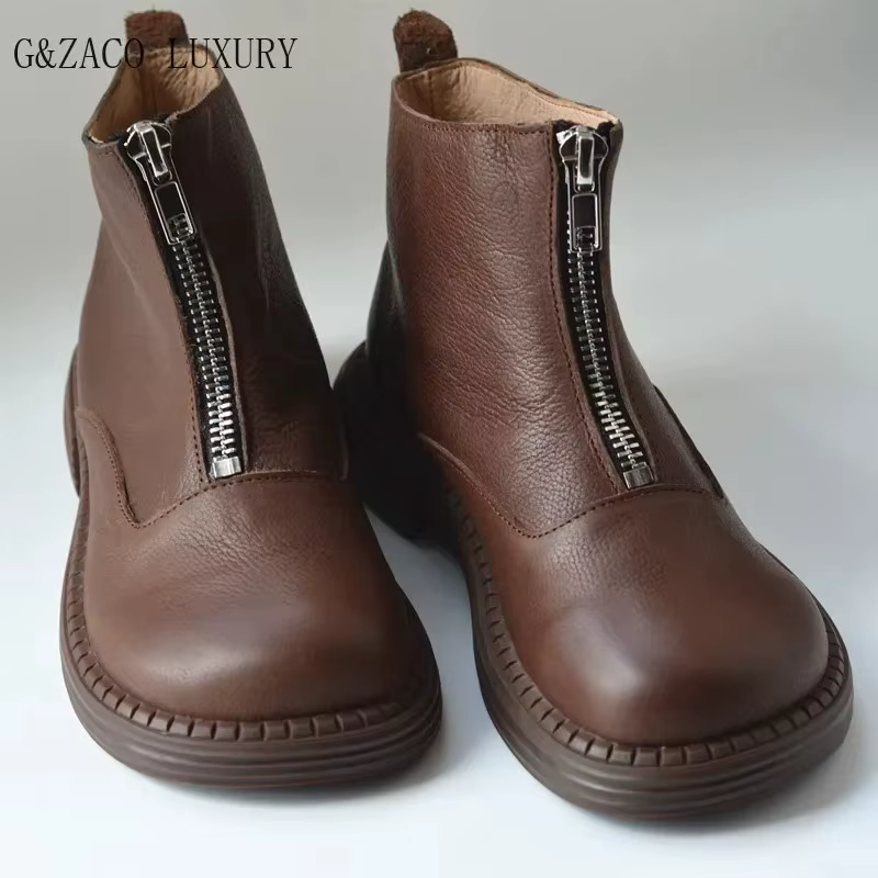 Bottes de chevalier rétro faites à la main pour femmes, bottes courtes en cuir naturel, bout large, 