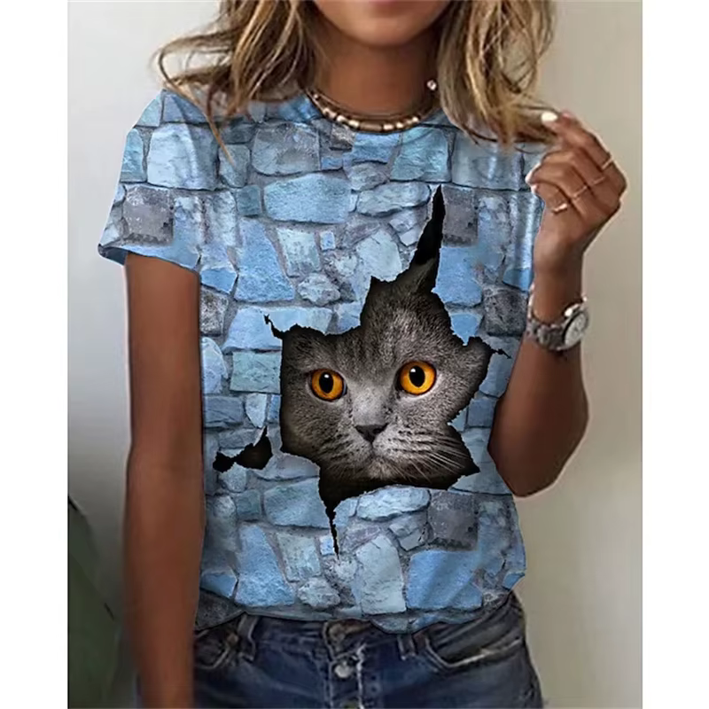 T-Shirt chat Kawaii imprimé en 3D pour femmes, t-shirts graphiques d'animaux amusants, décontracté, 
