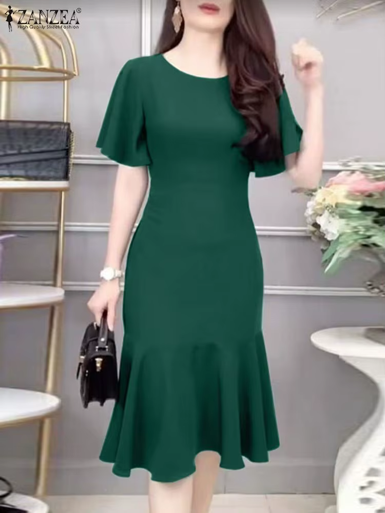 ZANZEA – Robe sirène élégante pour femmes, mode, manches courtes, col rond, ourlet à volants, ajusté
