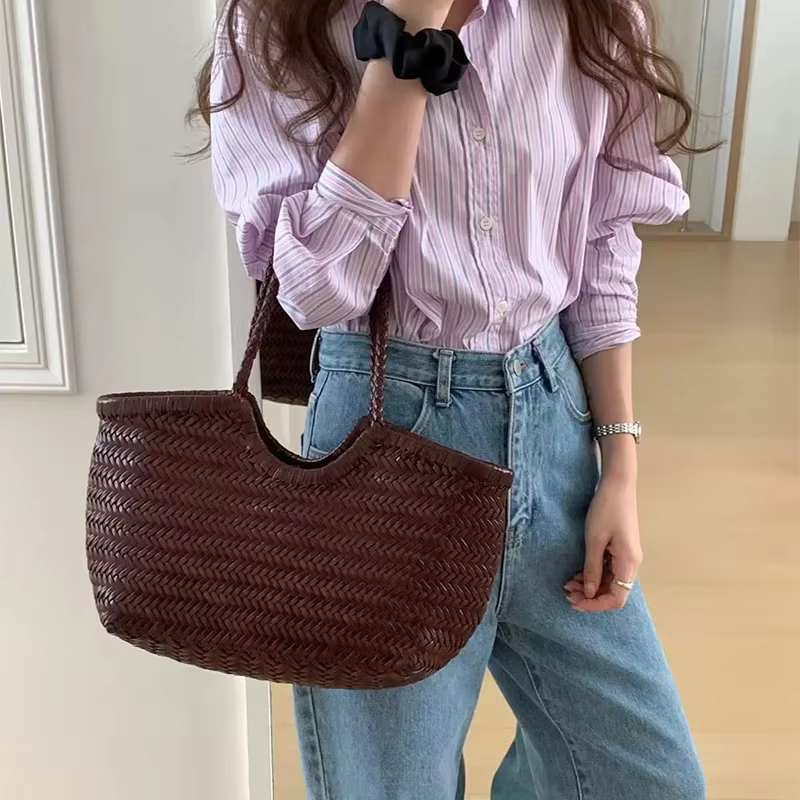 Sac fourre-tout tissé à la main de marque, grand panier à légumes en cuir véritable français avec po