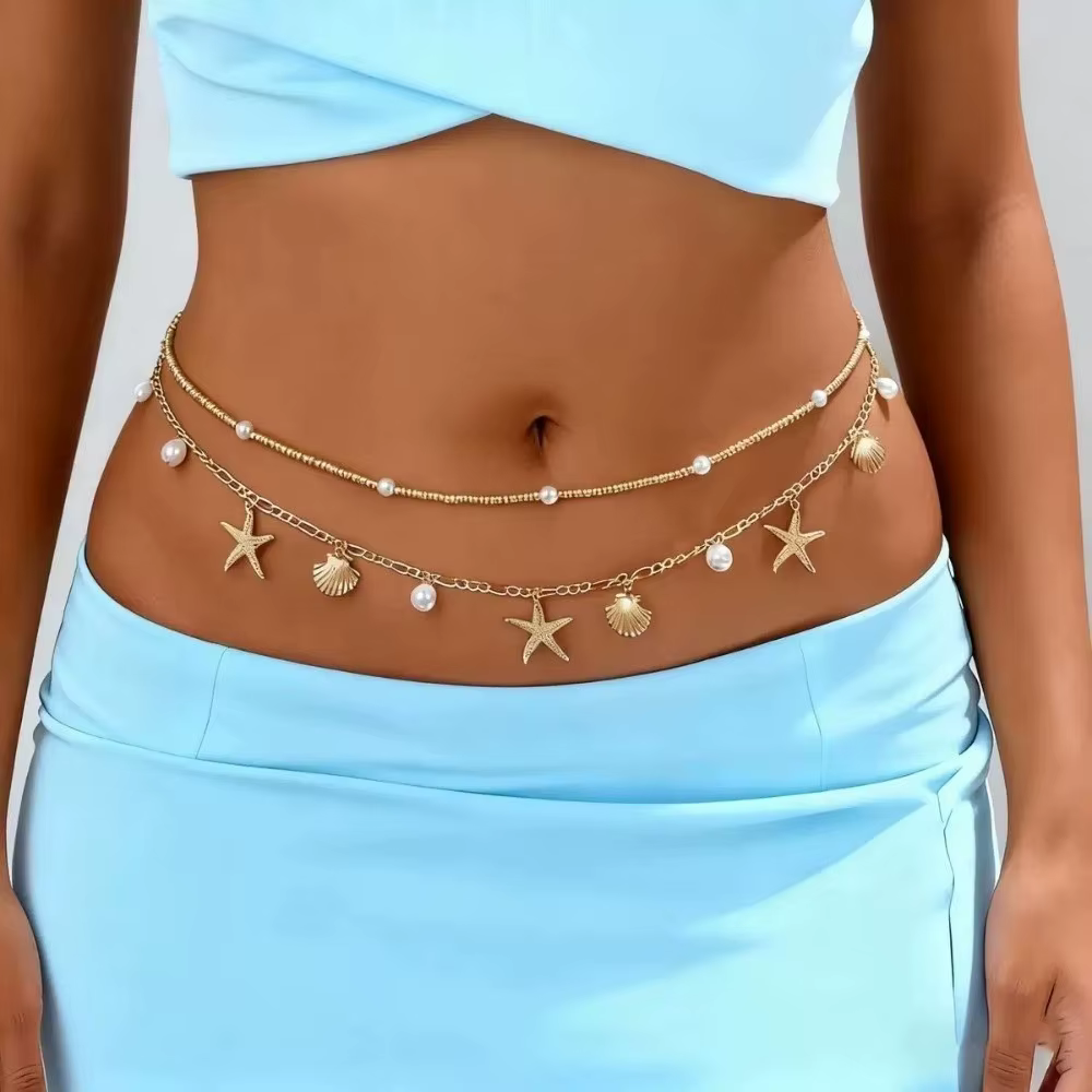 Lot de 2 chaînes de corps en alliage doré avec perles d'imitation et étoiles de mer, bijoux bohèmes