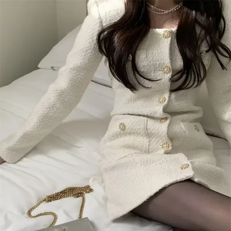 Robe en tweed rétro élégante pour femmes, col carré, manches longues, boutons, poche, mini robes de 